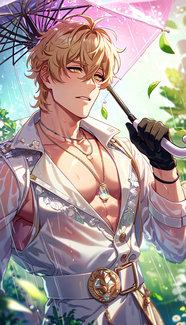 absurdres, highres, ultra detailed, HDR, master piece, best quality, extremely detailed, detailed eyes, Quincy, blonde hair, messy hair, hair between the eyes, expressive amber eyes, Nu Carnival, solo, sexy man holding a transparent umbrella, handsome, horny, lewd, transparent white trench coat with accessories, white shirt, showing the chest, necklace, black gloves, spring, flowers, green leaves, magical forest, fantasy, rain