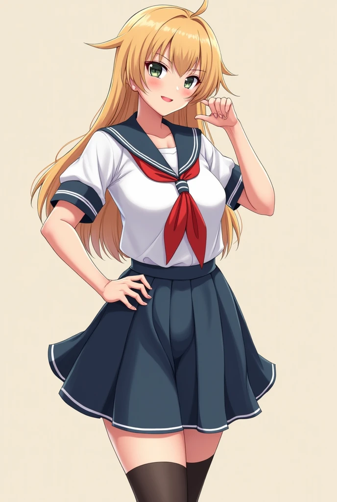 Highest quality, Detailed, 8K quality, 4K resolution, full body japanese woman, Blonde, Gorgeous face, Huge breasts, Curved body, Wearing uniform (seifuku): Sailor-style tops, Pleated skirt, Knee-high socks, Curved body, Playful expressions, 