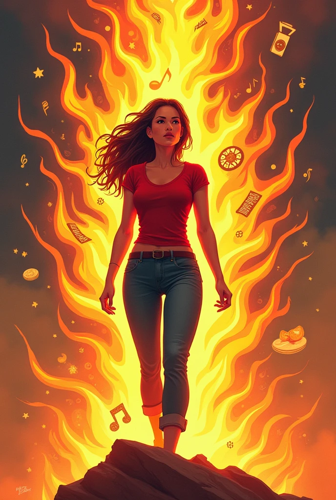 Illustrate a woman standing tall, like overcoming an obstacle and the background is a fire with flames representing her passions (to become a doctor). Add symbols related to your hobbies or interests within the flames (listening to music, reading books, sleeping, and eating)