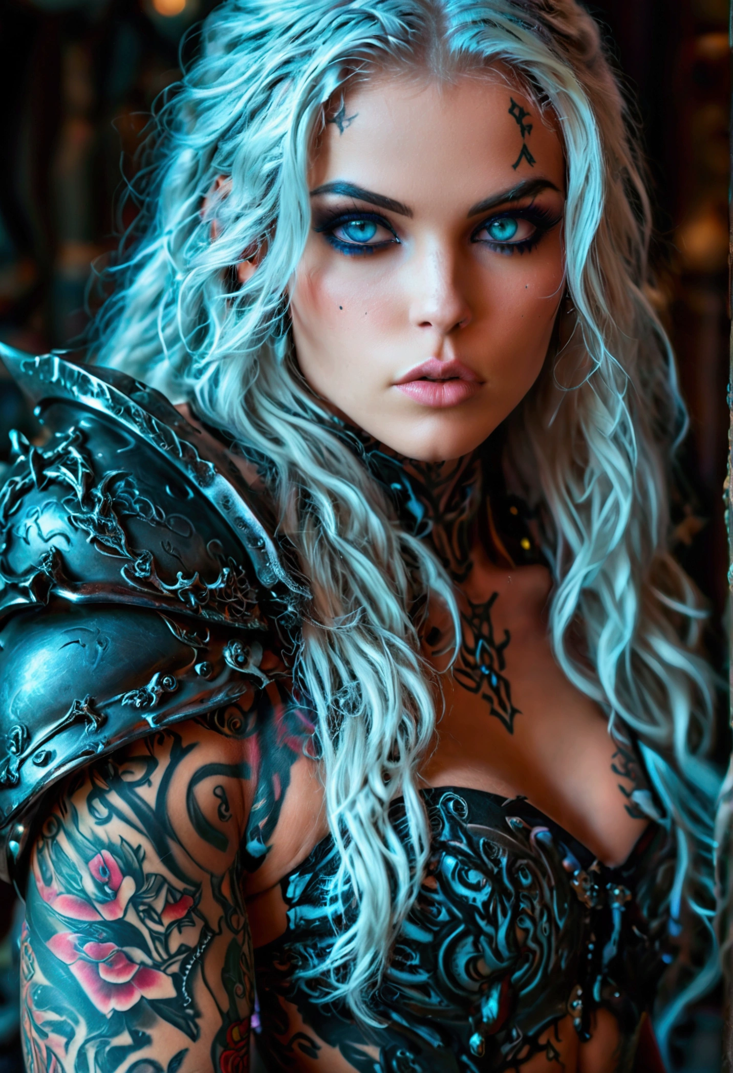 Create a hyper detailed photograph of a tattooed muscular young sexy female deathknight, Stunningly perfect gorgeous feminine face, perfect makeup, detailed neon eyes, long flowing hair, big beautiful muscular legs, big beautiful muscular arms, perfect hour glass body figure, detailed smooth skin, large breast, perfect round ass, 