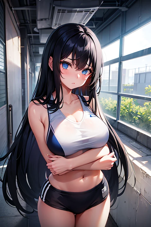 A captivating high school girl with long black hair and blue eyes, dressed in a revealing athletic uniform resembling a sports bra, stands in a warehouse with both hands bound above her head to a pillar, her face flushed with surprise.