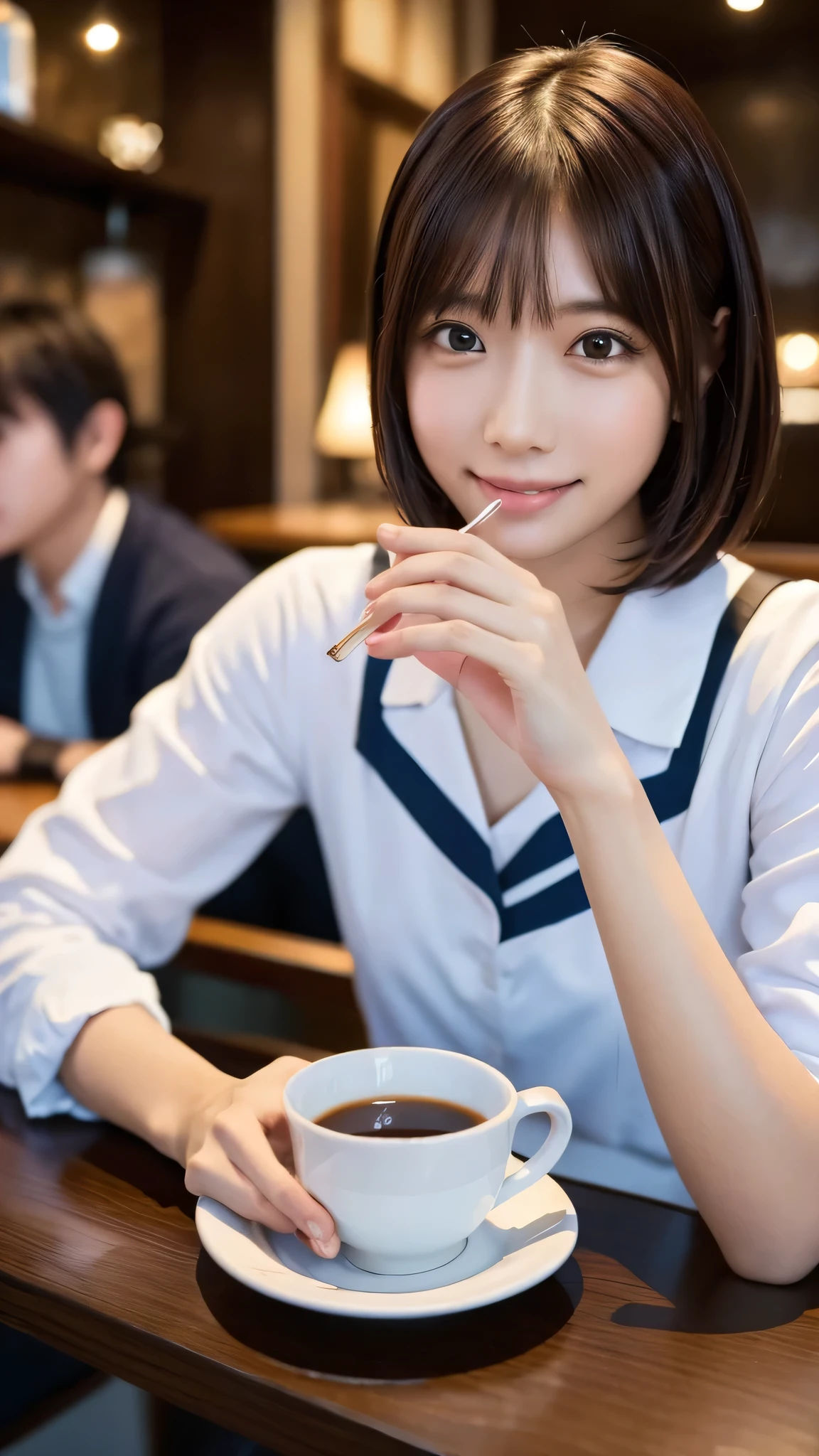 ((masterpiece, Highest quality, High resolution)), One of the Japan, (Realistic: 1.4), smile、Great face、Glossy lips、, Brown Hair、short hair、(Beautiful Hair:1.5), Japanese Sailor Suit、At the cafe、In front of the table、Facing forward、Sitting on a chair、Hold the glass in one hand、Put the straw in your mouth、Drinking iced coffee、Staring at each other、(Human hand、Real Hands、Anatomically correct hands)、Angle from the front, Smooth, Highly detailed CG composite 8K wallpaper, High resolution RAW color photos, Professional photography, Light, BackLight, impressive, Written boundary depth, (Face close-up:1.4)