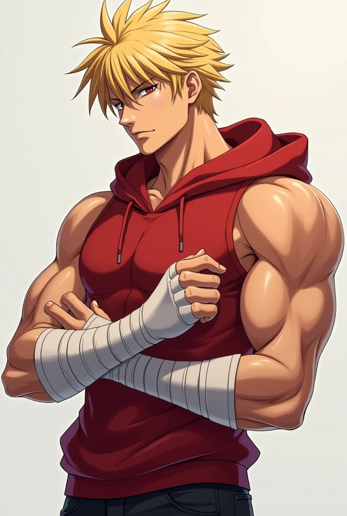 Male anime character athletic physique red sleeveless sweatshirt with hoods arms a thin white bands That envelop both forearms and the palms of the hands leaving only the fingers sample black cargo pants White tennis shoes Blonde hair Slightly long With a quiff Falling back parted to the right side thick and spiky bangs divided In the middle If dominant the left side with more and longer strands and on the right side shorter strands