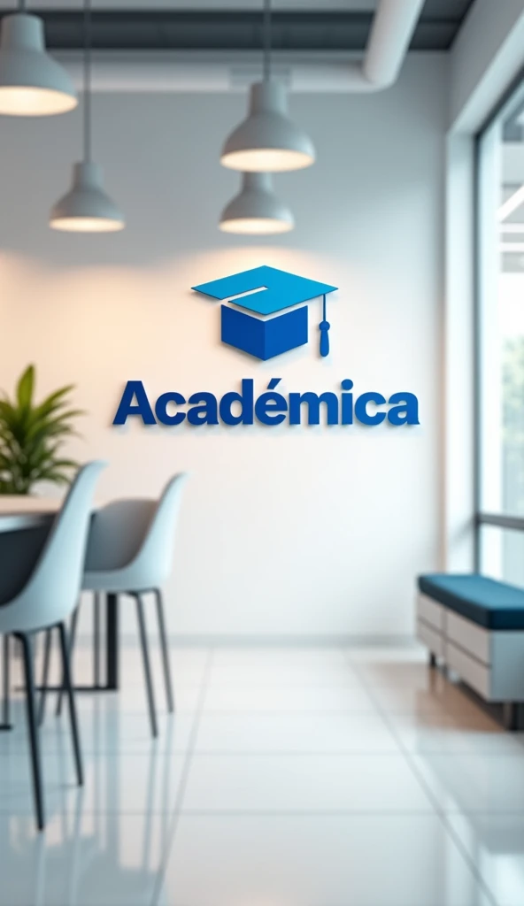 Generate a background that looks like an office with white wall design for horizontal video calls, featuring hanging ceiling lamps and a background sign with a blue graduation cap that says 'Académica' in large font. The image should be horizontal.