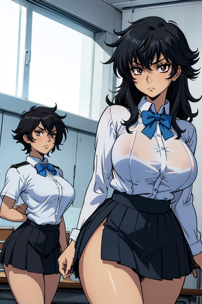 closed mouth, (), ((1girl)), (((genderbend))), (((female))), wide hips, thick thighs, huge breast, narrow waist,  ((school uniform)), ((white shirt)), ((blue bowtie)), ((school full of people)) (black short skirts), ((anime artstyle)), long eyelashes, long black hair, bored , (((at day))), in a classroom