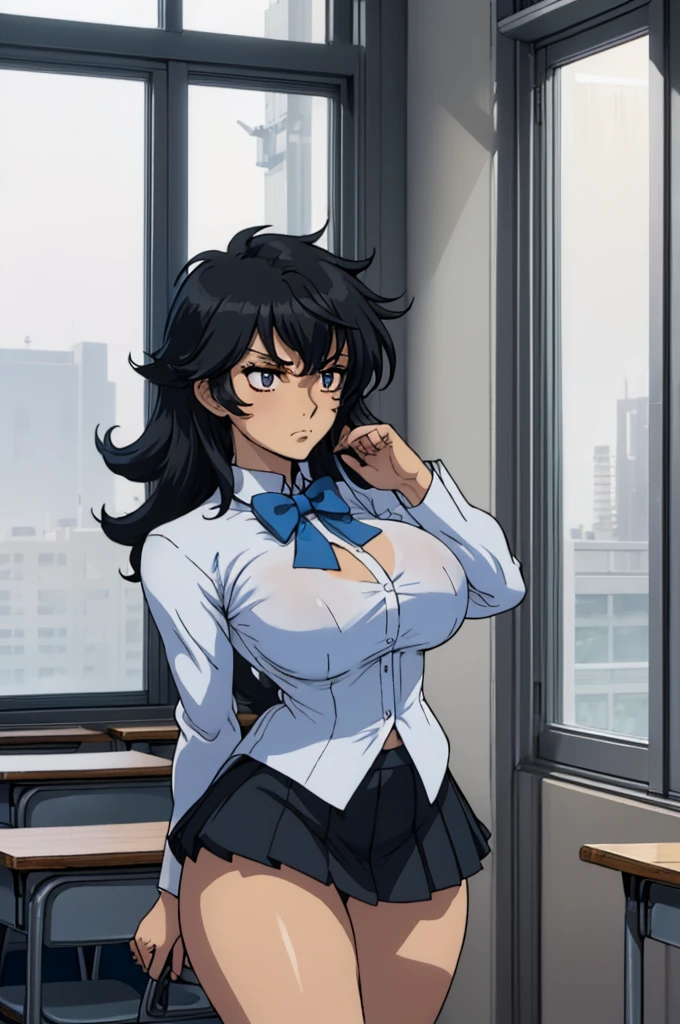 closed mouth, (), ((1girl)), (((genderbend))), (((female))), wide hips, thick thighs, huge breast, narrow waist, ((school uniform)), ((white shirt)), ((blue bowtie)), ((school full of people)) (black short skirts), ((anime artstyle)), long eyelashes, long black hair, bored , (((at day))), in a classroom
