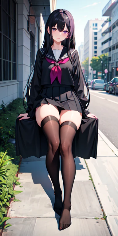 1 Girl,black silk feet,soles of feet ,Purple eyes,black hair,Straight hair,school uniform,Thigh skirt,morning,street,anime,light,Side light