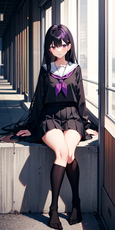 1 Girl,black silk feet,soles of feet ,Purple eyes,black hair,Straight hair,school uniform,Thigh skirt,morning,street,anime,light,Side light