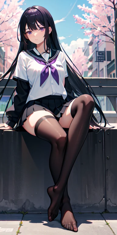 1 Girl，black silk feet，soles of feet ，Purple eyes，black hair，Straight hair，school uniform，Thigh skirt，morning，street，anime，light，Side light