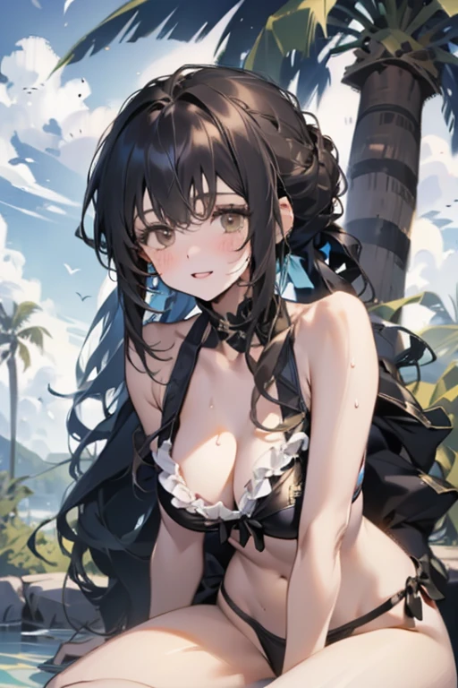 best quality, 1girl, solo, (suou yuki:1.2), __posture__, long hair, black hair, half updo, bangs, hair between eyes, brown eyes, middle , , (swimsuit:1.2), , looking at viewer, smile, outdoors, sitting, wet, parted lips, blush, thighs, tree, palm tree,  shoulders, day, collarbone, sleeveless,  arms, sky __posture__：standing\nstanding\n(contrapposto:1.1)\n(contrapposto:1.2)\n(sitting:1.1)\n(sitting:1.2)