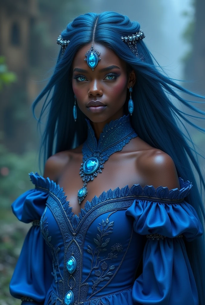 A black woman with long blue hair and blue eyes, long blue medieval dress, using magic, mythical character, Blue jewel on the forehead