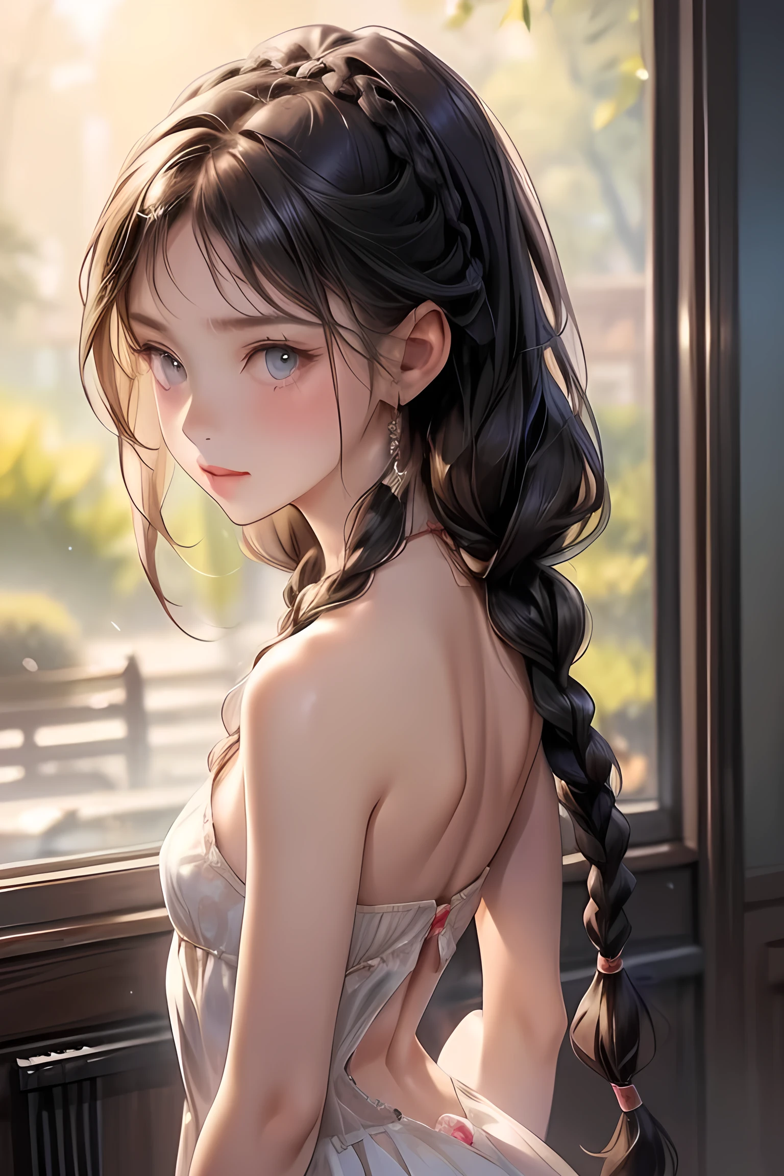 ((Highest quality)), ((masterpiece)), (detailed), One girl, (Large forehead:1.2),extremely detailed cute anime face, (((Flat Chest))), (Flat Chest:1.1),((((Long twin braids,Tight braids,Long braids,Braided hair,Long Hair)))),Complex eyes,beautiful detailed eyes,Symmetrical eyes,(((detailed face))),beautiful detailed lips, If you look at this, (((Embarrassing))),(Fearful expression),(panic),(Are crying),High resolution,(Highest quality),(ultra detailed,extremely detailed),Perfect Face details, ((masterpiece:1.4, Highest quality))+, (ultra detailed)+, Long twin tails, cute, (Flat Chest:1.1), Small breasts, The body is slim, skinny, (Small waist), prominent clavicle, skinny arms, Flat Stomach, Pelvic bones are visible, Long Hair, Redhead, Gray Hair, Blonde, Black Hair, ponytail, thick ponytail, heavy ponytail, Small breasts, Perfect Face, Small breasts (Flat Chest:1.1), Browsing Caution, A revealing long dress,detailedなボディ,Complete limbs,(From behind), (Turning), Browsing Caution, (Flat Chest:1.1), nude