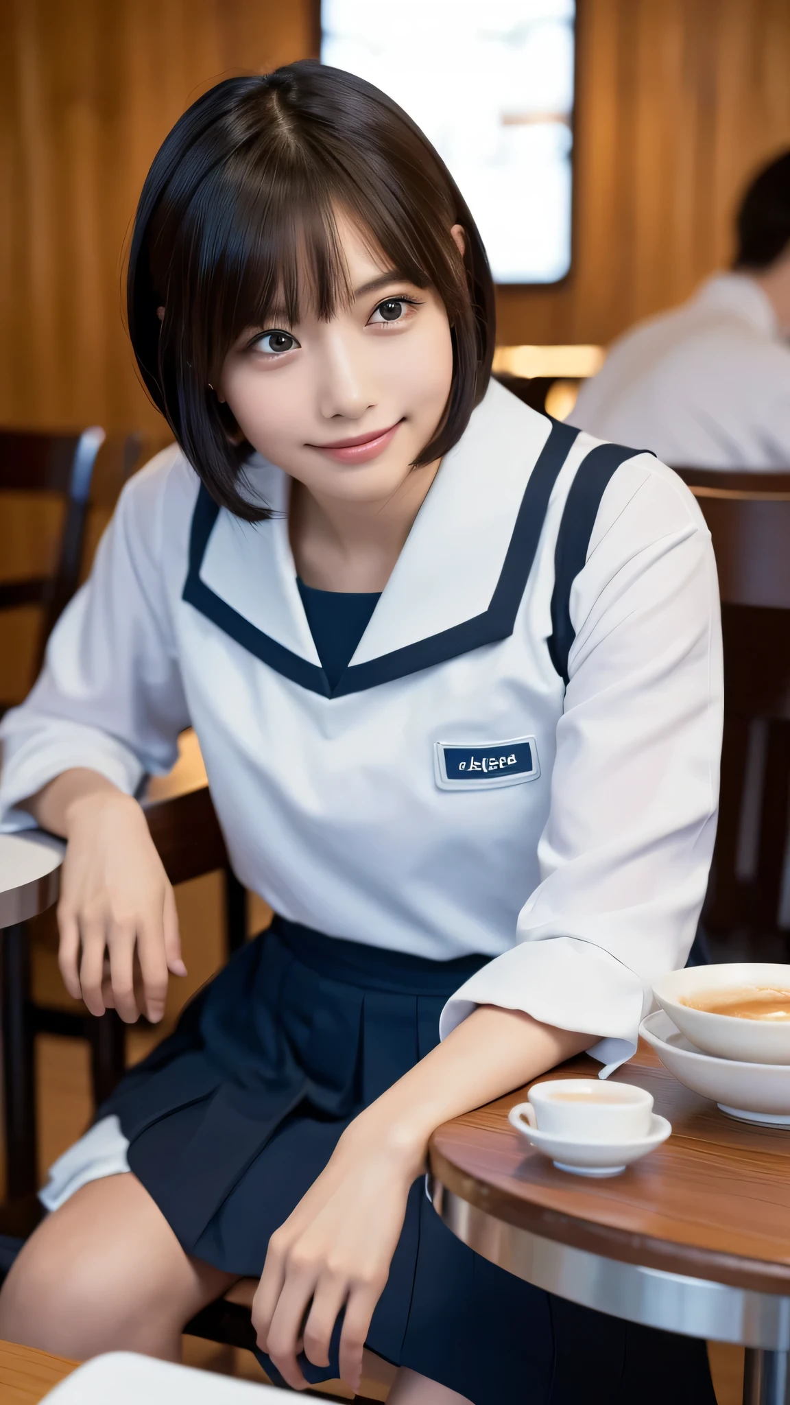 ((masterpiece, Highest quality, High resolution)), Of Japanese、(Realistic: 1.4), smile、Great face、Glossy lips、15 years old, short hair、(Beautiful Hair:1.5), Japanese high school uniform、Japanese Sailor Suit、At the cafe、In front of the table、Facing forward、Sitting on a chair、Hold the glass in one hand、I'm drinking iced coffee with a straw.、Gazing at each other、((Very detailed、Ultra high definition、Anatomically correct))、Realistic hands、Angle from the front, Smooth, Highly detailed CG composite 8K wallpaper, High resolution RAW color photos, Professional photography, Light, BackLight, impressive, Written boundary depth, (Face close-up:1.4)Winner of numerous awards, 