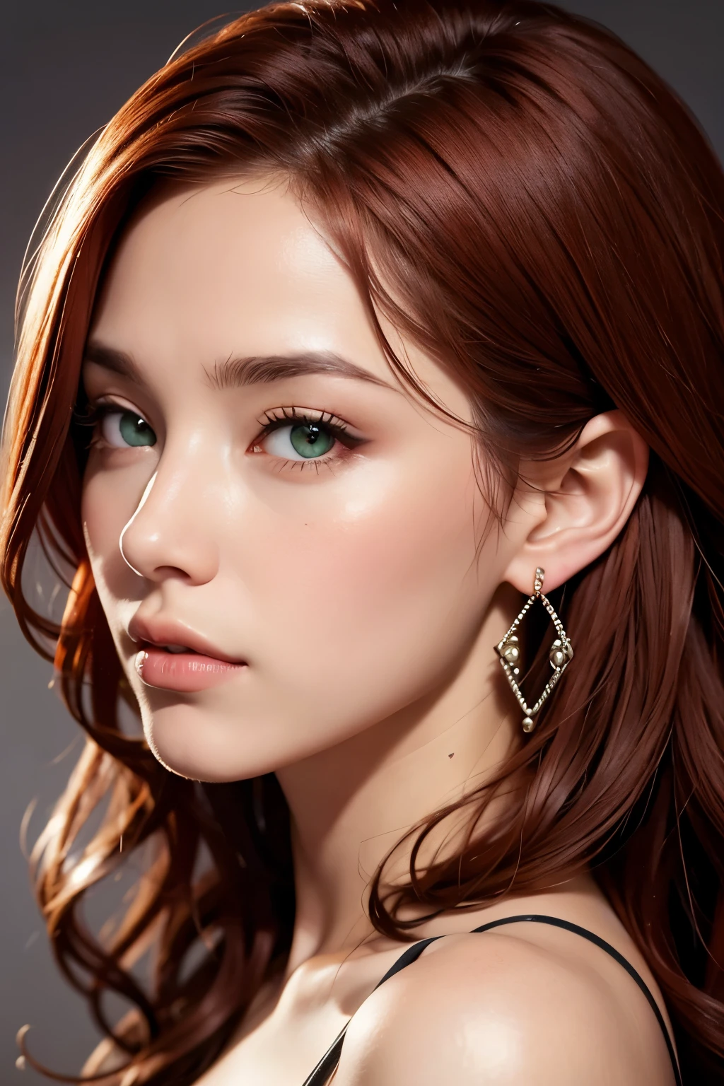 The face of a young woman, green eyes, red curls, nose piercing, ear rings, full lips, index finger in front of the lips, sexy Blick, detailed face, realistic, datailed lips
