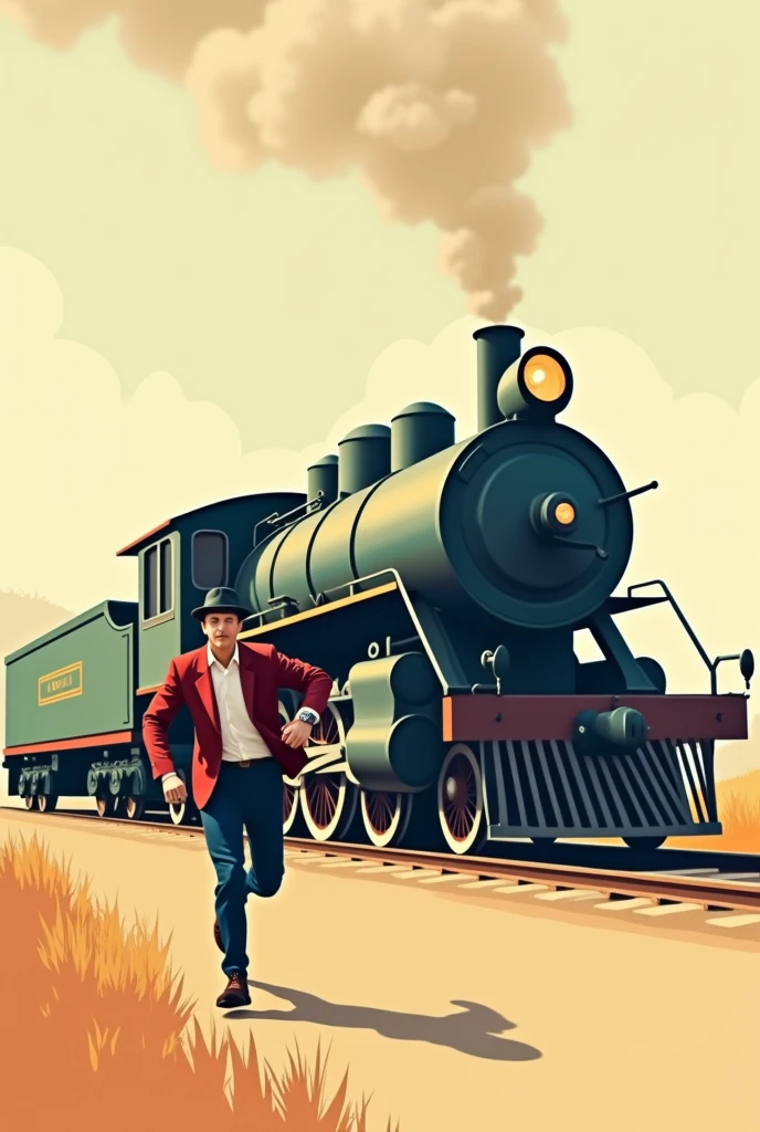 Retro Style,flat design,A person is rushing to catch a train.,Vintage locomotive,Minimalist style,Non-realistic style
