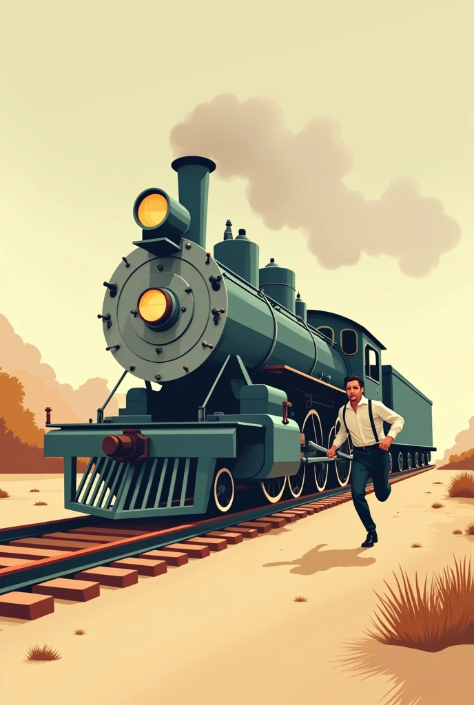 Retro Style,flat design,A person is rushing to catch a train.,Vintage locomotive,Minimalist style,Non-realistic style