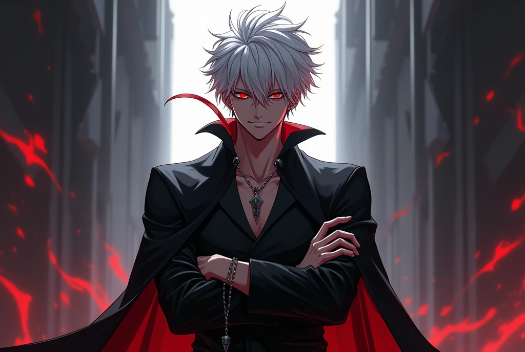 Male anime character with white hair, Eyes red, with arms crossed, Grinning