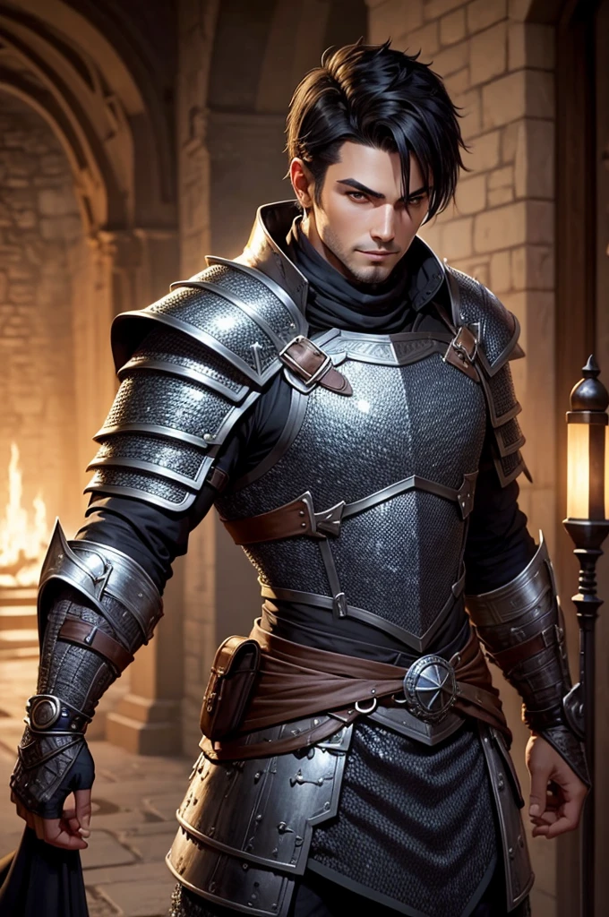 estilo de aigenerated, posing looking forward, a European man, wearing chainmail armor, short black hair, rpg character portrait.