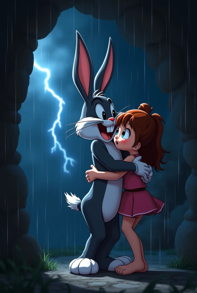 Bugs Bunny with Lola scared, in a blackout, There is no light, anime style, Beautiful , realist, Beautiful body, hugged, inside his burrow, rain, We are scared, lightning
