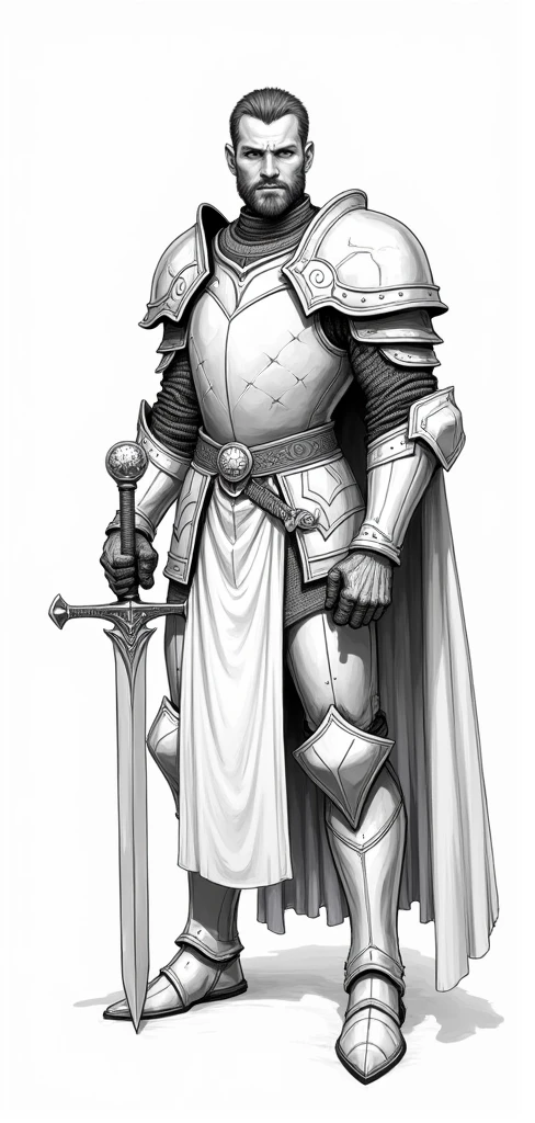 a black and white drawing of a knight in armor with a sword in his hand, inspired by Hazel Armour, concept art, dnd character design concept art, warrior dnd character, dnd character concept, a human male paladin, warrior character design, male paladin, anime style, lineart