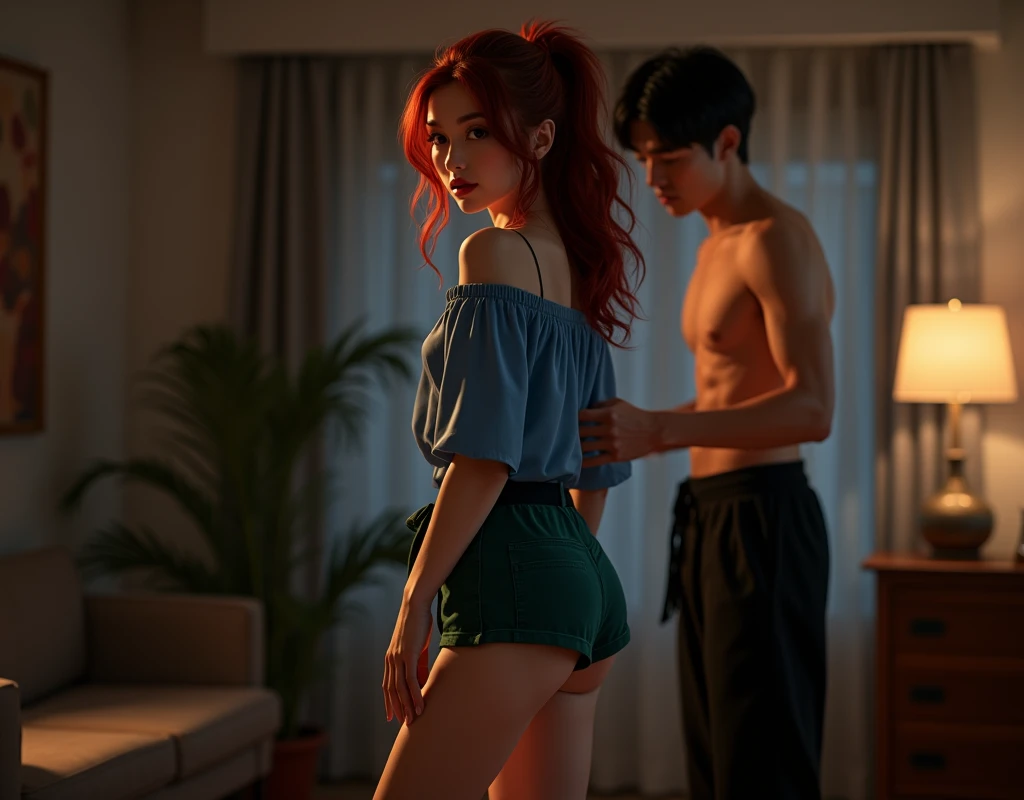 170 cm tall, 24-year-old woman with very pale skin, vibrant maroon wavy medium-length layered hair, parted to the side in a high ponytail, fit figure, blue flowy top, dark emerald suede shorts, black belt around waist and red high heel wedge sandals with a tentative expression. Behind her, reaching towards her is a 190 cm tall, 27-year-old lithe figured attractive man with a black wavy bowl cut hair, shirtless, Chinese-Korean-Japanese features, wearing black pajama pants, intrigued expression, inside dark toned bachelor pad living room. Photorealistic, cinematic.