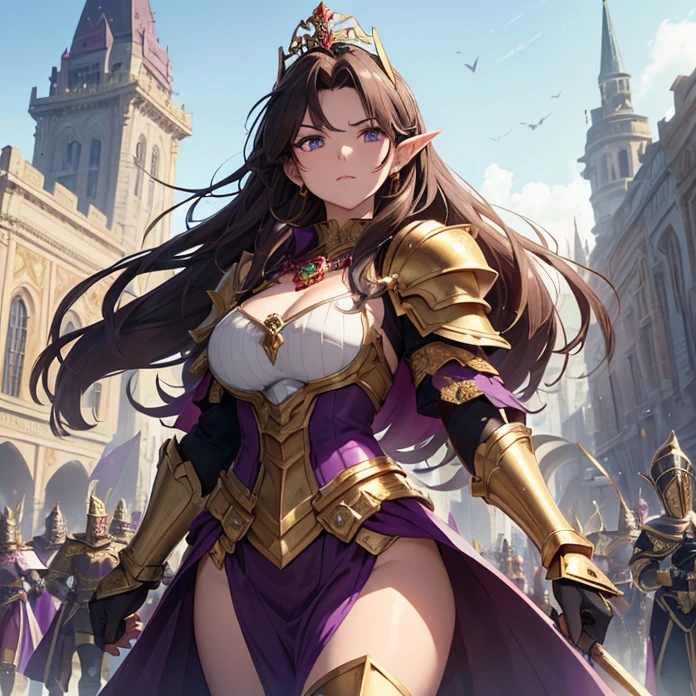 (absurdres, Masterpiece, best quality, no deformity, good anatomy, cowboy shot, front view, character alone, HD) {{1character:900 years old brown-haired elf noble mature beautiful milf princess:,(dark-brown short-messy-spiky-hair with ahoge, fair skin, purple eyes, brown eyebrows, mature elder beauty),(she wears: purple power heavy bulky armor, full heavy golden cuirass armor, full bulky big and sharped purple shoulder plates with gold trims, full armored arms and elbows in purple steel, full armored purple gauntlets, full armored steel gold hips, full armored purple legs, full steel gold longboots, steel purple helmet with gold tiara at the top, red-jeweled-gold-necklace(holding with left arm a golden blade sword)),(she is: marching at the tower, watching with courage and seriousness the situation),(castle's deffensive tower, radiant sun in the sky, midday light-blue sky, several golden cannons over the tower's platform)}}