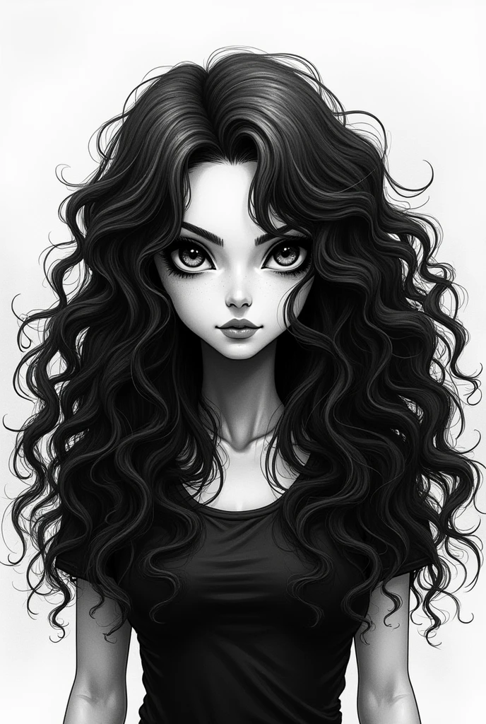 A drawing entirely in black and white with a long, curly haired