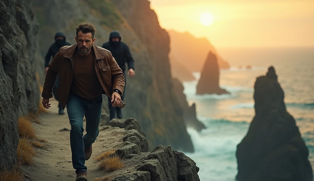 Prompt: "A hyperrealistic action scene of a rugged man in his mid-30s with a strong jawline, wearing a weathered leather jacket, sprinting along a narrow cliffside path at twilight. The jagged rocks tower around him, with a sheer drop to the ocean below. Behind him, masked mercenaries in black tactical gear chase him. The scene is set in a film noir atmosphere, with dramatic lighting highlighting the tension and danger. The sun is setting, casting a golden glow over the cliffs. High-quality details, including the texture of the rocks, the motion blur of the leap, and the intense expressions, are essential."
