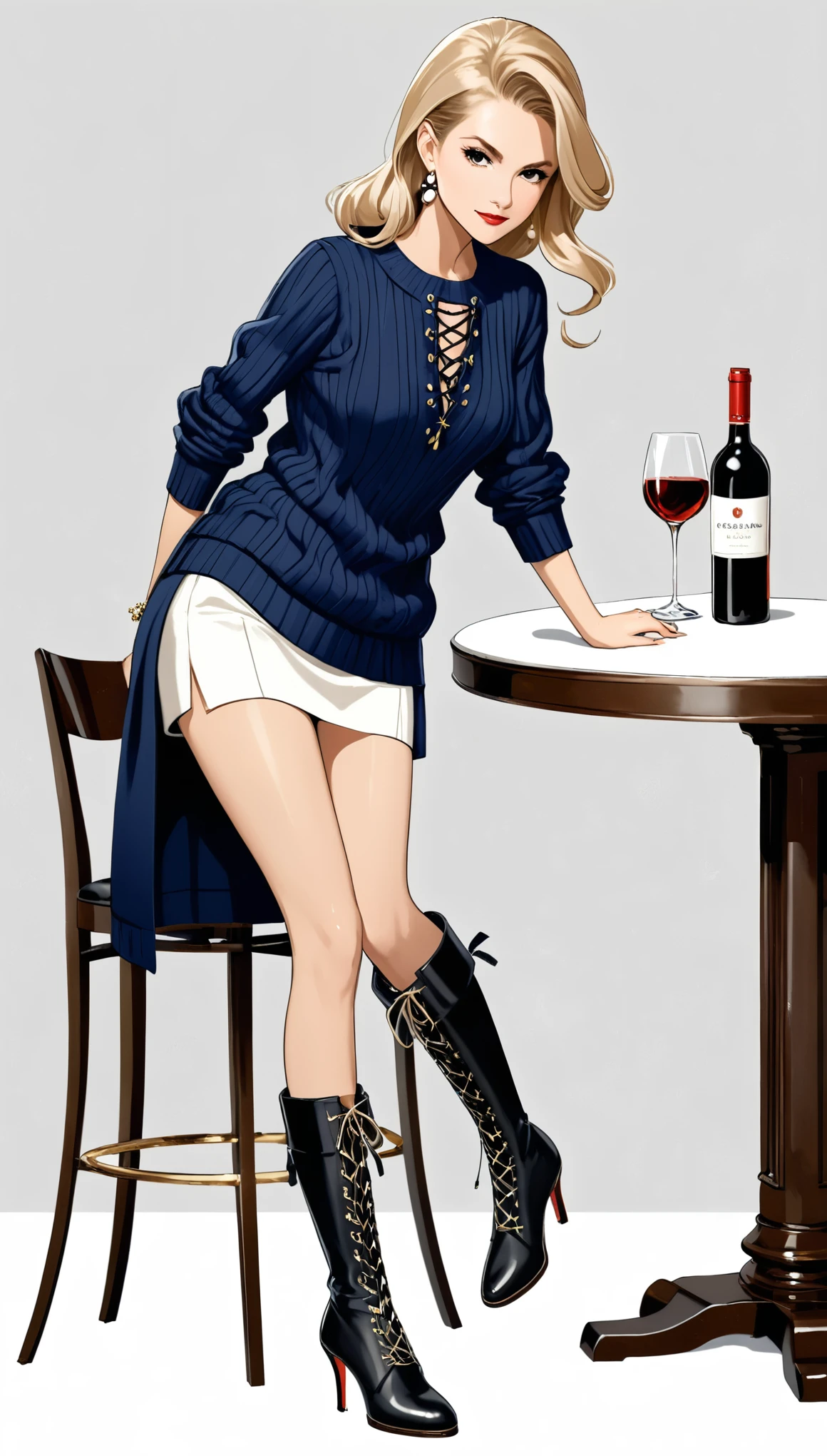in style of Carolina Herrera,in style of Chris Falkenberg
 (1girl,character conceptual design),/lace-up over knee boots/ 
BREAK
white background, sweater only,{gravure_pose:1.8},standing,bent_over,leaning_forward,bar table,high seat