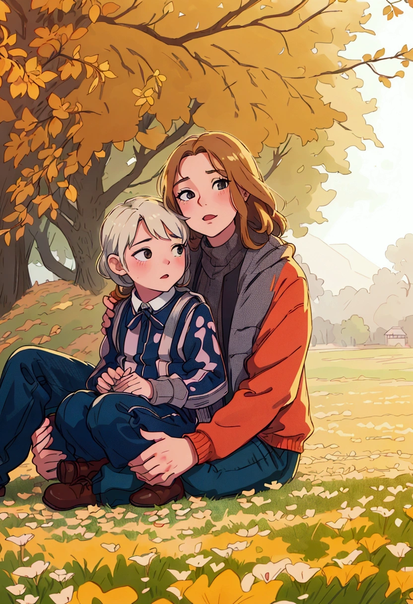 (best quality:0.8) perfect anime illustration, a woman and a boy sitting on the ground in the fall, family photography, 7 0 mm portrait, f/4.5, 60mm portrait, by Kristin Nelson, large scale photo, classic portrait, candid portrait photo, portrait, f / 1. 2 5, f / 2. 5, f/2.5, f / 1 1. 0