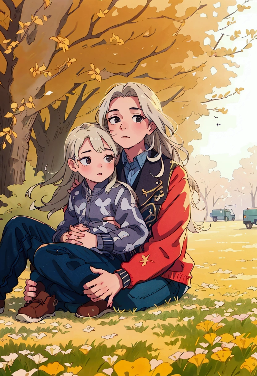 (best quality:0.8) perfect anime illustration, a woman and a boy sitting on the ground in the fall, family photography, 7 0 mm portrait, f/4.5, 60mm portrait, by Kristin Nelson, large scale photo, classic portrait, candid portrait photo, portrait, f / 1. 2 5, f / 2. 5, f/2.5, f / 1 1. 0