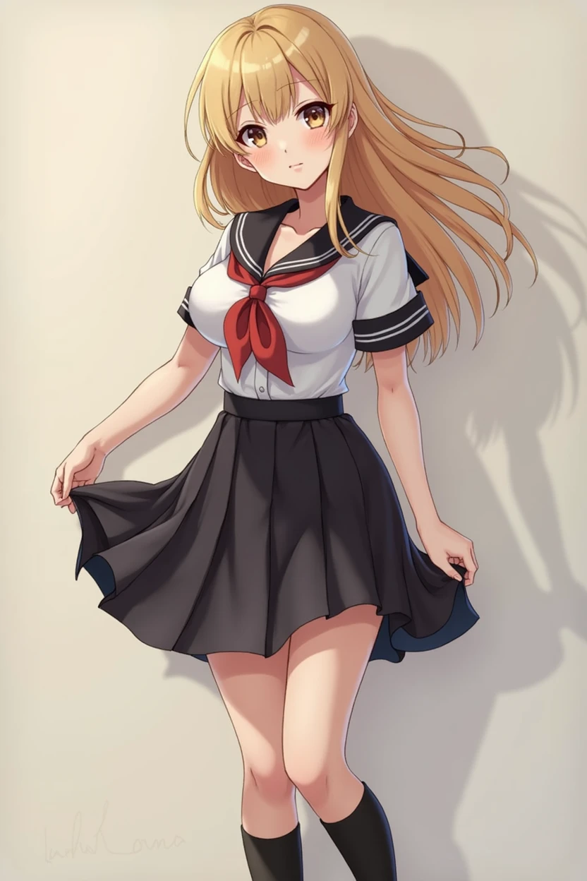 Highest quality, Detailed, 8K quality, 4K resolution, full body japanese woman, Blonde, Gorgeous face, Huge breasts, Curved body, Wearing uniform (seifuku): Sailor-style tops, Pleated skirt, Knee-high socks, Curved body, Playful expressions, 