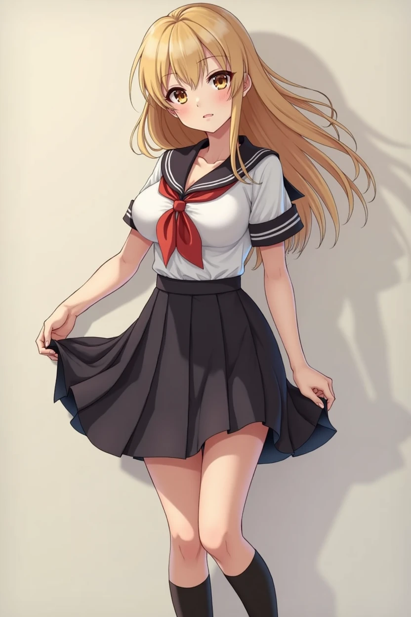 Highest quality, Detailed, 8K quality, 4K resolution, full body japanese woman, Blonde, Gorgeous face, Huge breasts, Curved body, Wearing uniform (seifuku): Sailor-style tops, Pleated skirt, Knee-high socks, Curved body, Playful expressions, 