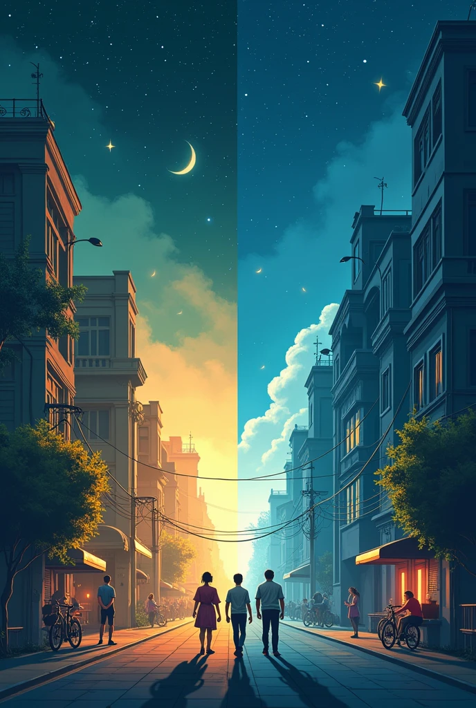 Save energy Save Electricity poster that has 4 vertical sections each section has the following content. Section 1 has a night sky with and a city with candles lit and the sky filled with stars very clear. Section 2 has a city with everyone using cycles for transportation and everyone is thin and fit. Section 3 has a city with everyone using vehicles and phones and are far and unhealthy with pollution in the sky. Section 4 has a city in the night where the sky is smoky and dusty with a lot of lights on. It should be a transitional image which shows the goodness of saving electricity