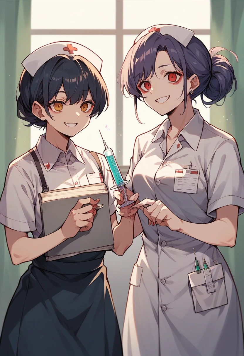 Two people, a nurse and a teacher. The nurse holds a syringe and the teacher holds a blood-soaked katana, smiling like psychopaths.. anime styling