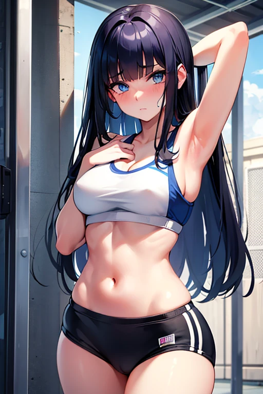 A seductive high school girl with raven hair and blue eyes, dressed in an athletic uniform resembling a sports bra, is bound with both hands above her head to a pillar in a warehouse. Her face is flushed with surprise and she is struggling to resist.