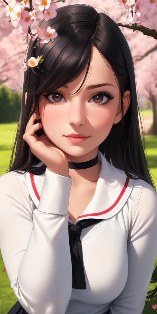 (best quality, ultra-detailed, photorealistic: 1.39), bright and vibrant colors, studio lighting, romantic expression, An effeminate girl, with a delicate and beautiful face. has a thin body, but well designed, your skin is white and very pale. her hair is black, likes to wear makeup, ((Wear a black choker)), outfit emocore, schoolgirl long sleeve blouse, black and red uniform, schoolgirl pleated skirt, in the park, on the lawn with flowers, coast on the cherry tree, beautiful cute gesture