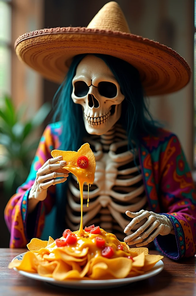 A mexican cool looking ghost eating nachos.