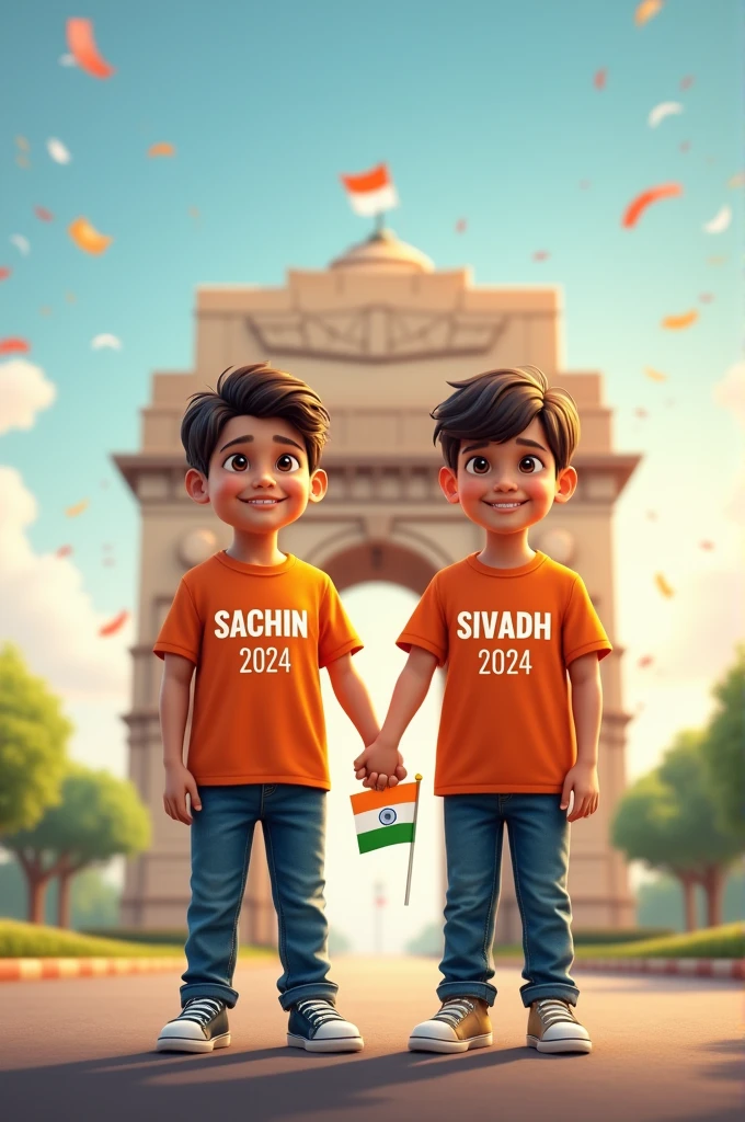 A real two brothers, both Wearing Orange T shirt blue jeans sneakers and the name one is "SACHIN" and another one is "SIVADH"is written on his t-shirt and the boy is standing on the road with holding a national flag of India, and behind him is the India gate Delhi. And "Happy Independence Day 2024" written at above sky Create Realistic image high quality.
