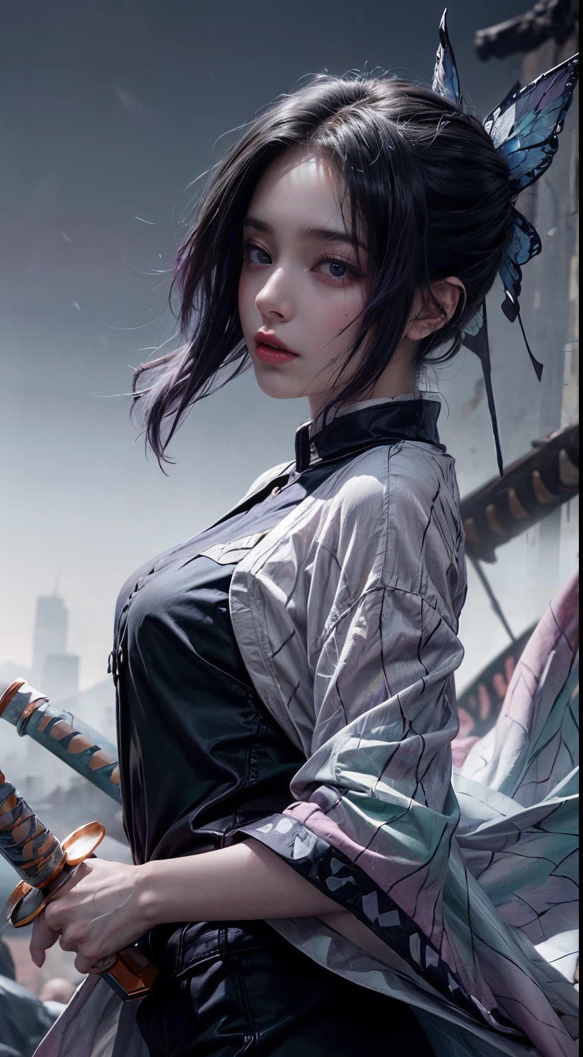 1girl, ninja, holding sword, purple hair, purple theme, highly detailed, surreal, cinematic lighting, sharp focus, photorealistic, 8k, masterpiece, hyper detailed, intricate details, dramatic pose, dynamic action, moody atmosphere, striking colors, vivid hues, chiaroscuro lighting, volumetric lighting, epic scale