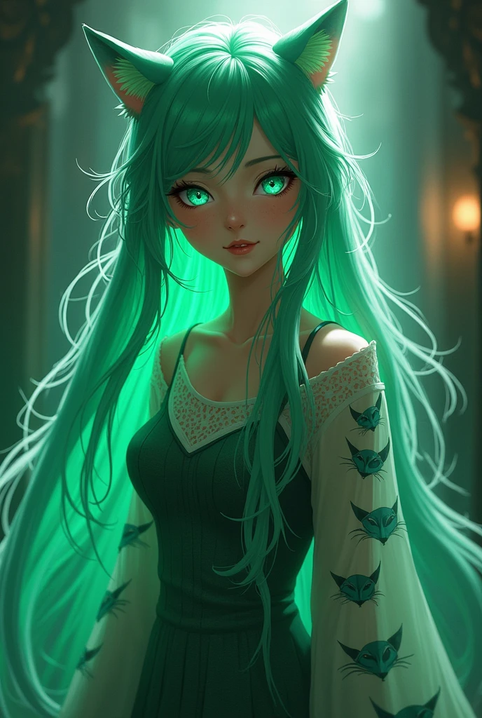 In Hell, Olivia appears with long, flowing jade green hair that shimmers like her favorite color. Her attire consists of a stylish yet cozy dress adorned with lynx patterns, representing her favorite animal. She has warm, inviting eyes that radiate kindness, in Hazbin Hotel style.