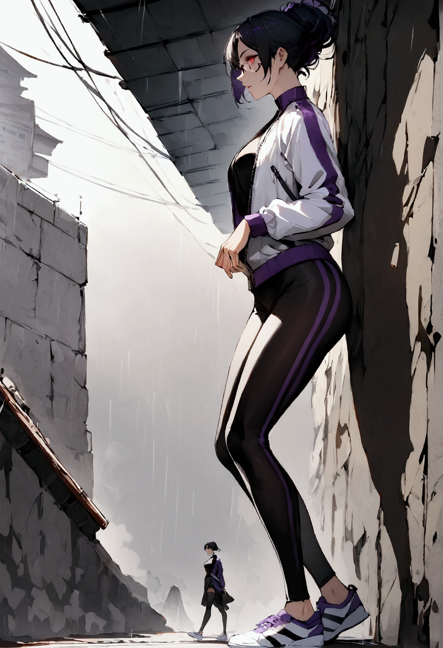 standing,alone,leaning against a broken wall,short hair,work of art,face detailed,beautiful young fitness woman with , in a gym wearing May with black pantyhose, white and purple tight short gym jacket. standing alone,red eyes glowing,Evil smile,legging preto ,labiaa,dark eye shadow,shining eyes,a hand leaning against the wall,neckleace,jacket zipper half open,Tight black shirt,white sports tennis shoes,short hair with purple details,beautiful curves,whole body,hair with purple details,labiaa,detailed face and eyes,work of art,sexy look,pefil from sideways,from sideways,wind in your hair,fully body,glasses on eyes,rain storm,Clouded
