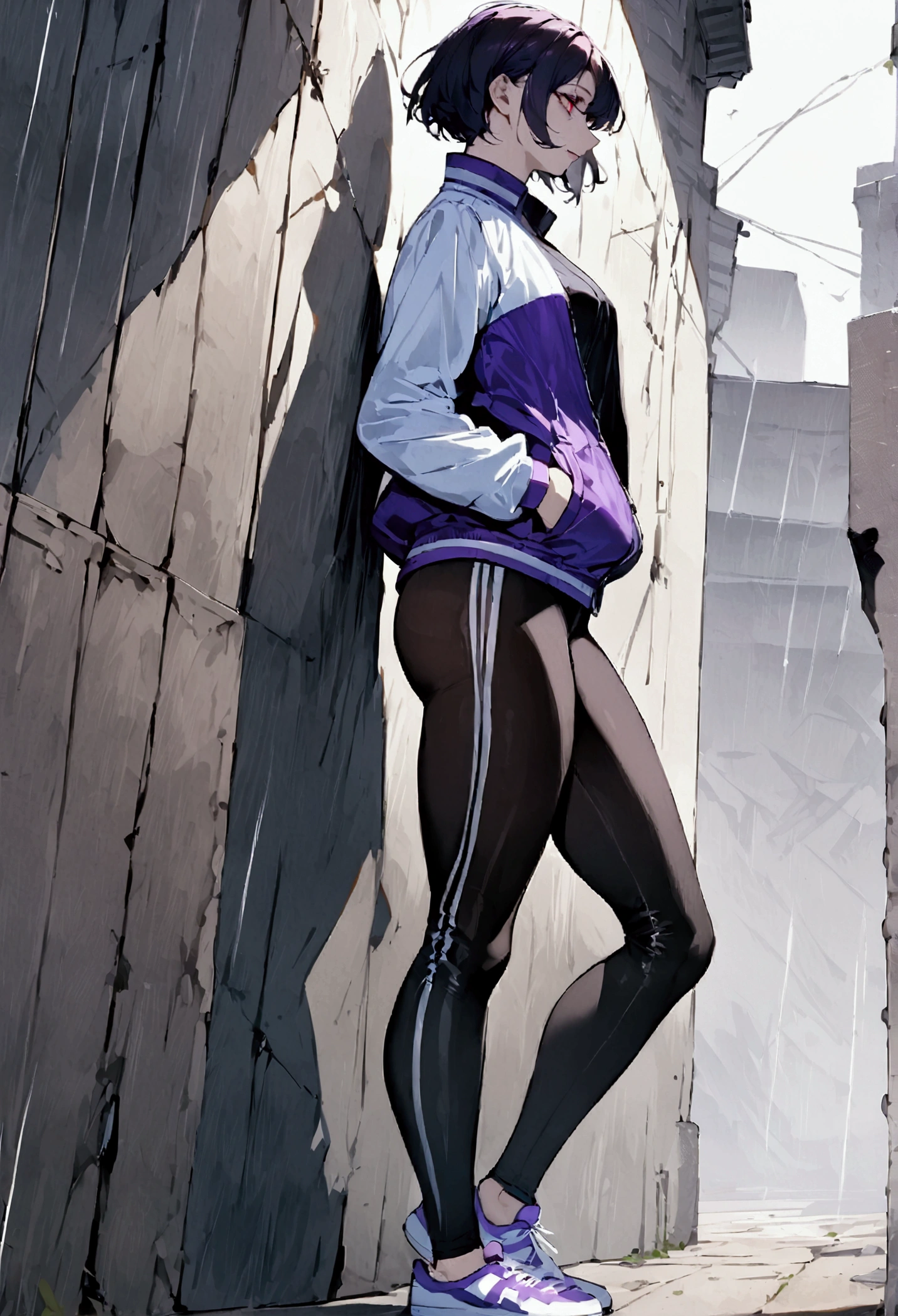 standing,alone,leaning against a broken wall,short hair,work of art,face detailed,beautiful young fitness woman with , in a gym wearing May with black pantyhose, white and purple tight short gym jacket. standing alone,red eyes glowing,Evil smile,legging preto ,labiaa,dark eye shadow,shining eyes,a hand leaning against the wall,neckleace,jacket zipper half open,Tight black shirt,white sports tennis shoes,short hair with purple details,beautiful curves,whole body,hair with purple details,labiaa,detailed face and eyes,work of art,sexy look,pefil from sideways,from sideways,wind in your hair,fully body,glasses on eyes,rain storm,Clouded
