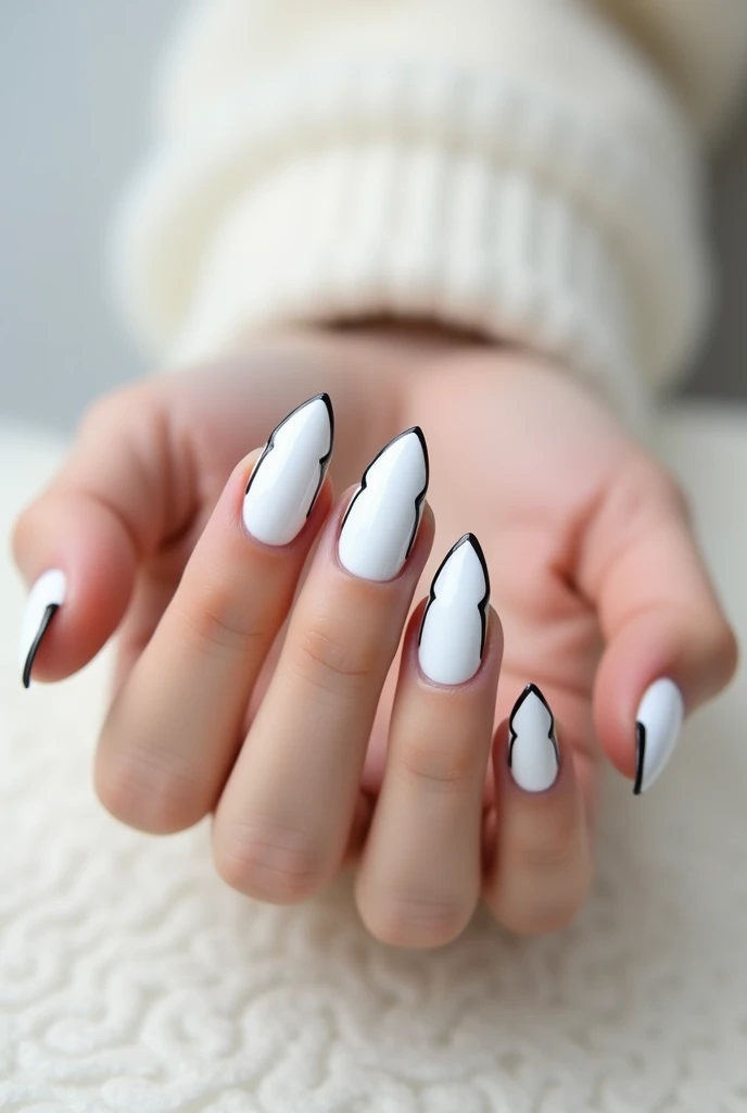 White Gel Nails, 1cm Long, decentered black decorative lacquer edging