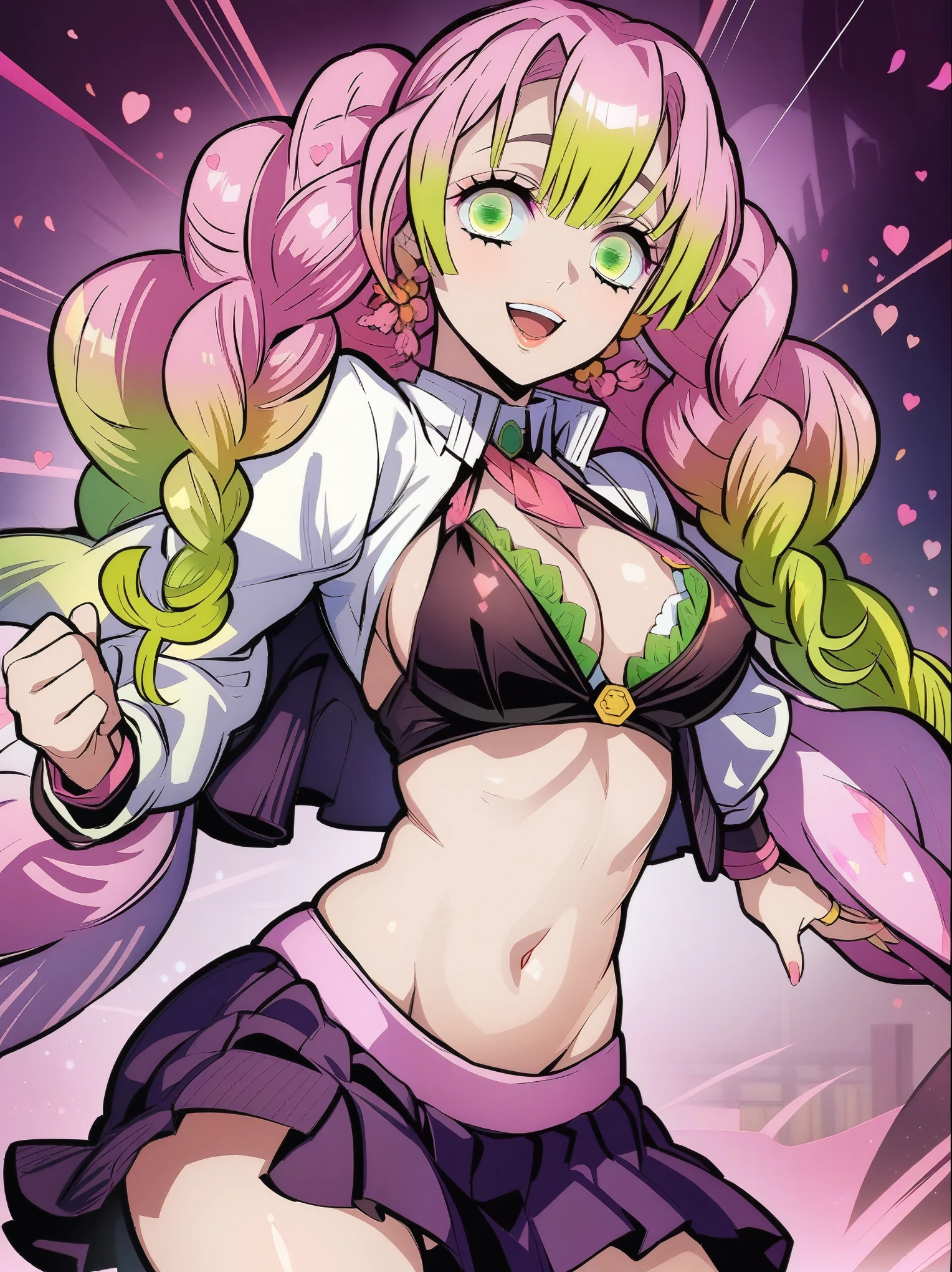 score_9, score_8_up, score_7_up, nsfw, (Demon Slayer, kimetsu no yaiba style), KMitsuriV4XL, (1girl, solo), (twin braids, gradient hair, pink hair, light green hair, shiny hair), green eyes, glossy skin, tucked flared lace see-through blouse, short pleated skirt, dancing, smile, looking at viewer