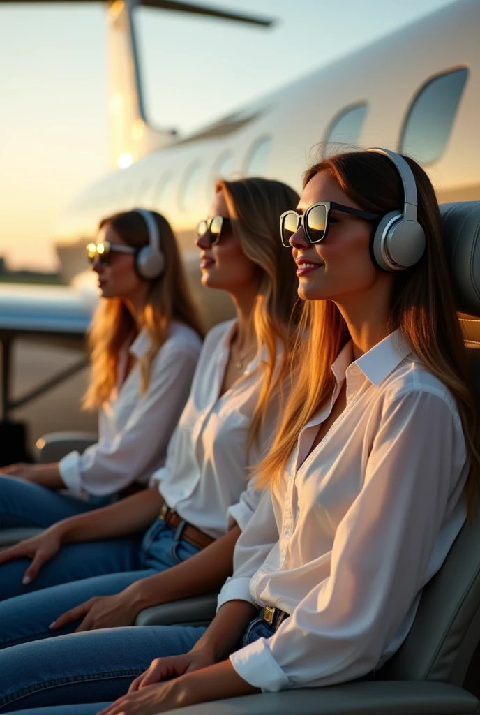 detailed, concentrated, Professional lighting, Very beautiful women(curve body), outside airport next to the plane, long hair, curve body, wearing white shirts and jeans, sun glasses, headphones, sitting inside the plane, feeling happy.