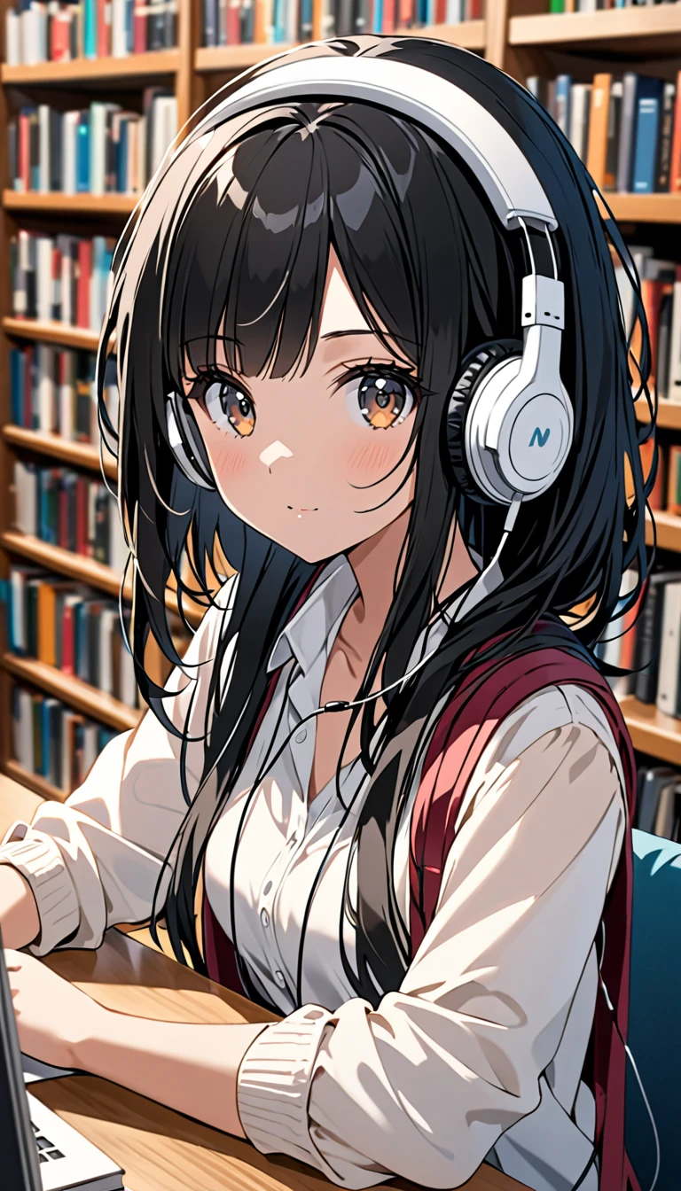 Beautiful and black hair girl, face with headphones in library, facing the camera