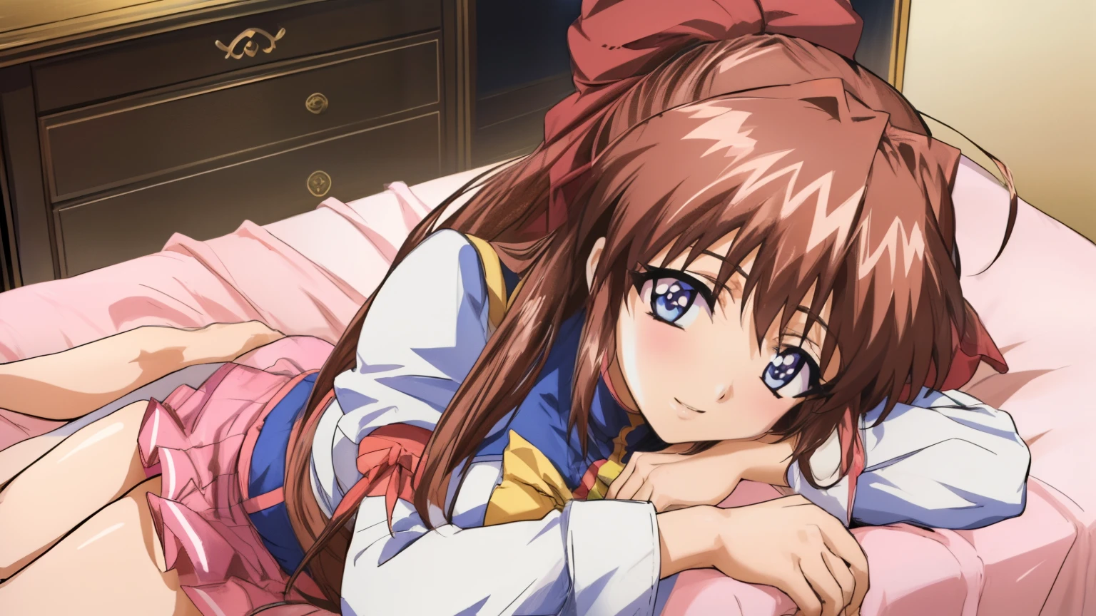 (Anime artwork, Anime Style, Studio Anime, Very detailed, Latest, Vibrant, Anime Coloring Book, High Contrast, masterpiece:1.2, Highest quality, Best aesthetics), (Beautiful and detailed:1.2), Aoikan, 1 person, Hair Ribbon, school uniform, Long sleeve, bow tie, Blue Skirt,Big Breasts、 blush, Cute smile Open your mouth Lying down on a pink bed, Pink Good, From above, Lift up the skirt, Skirt Lift, Pink Panties、No pants,white high knee socks、Two arms