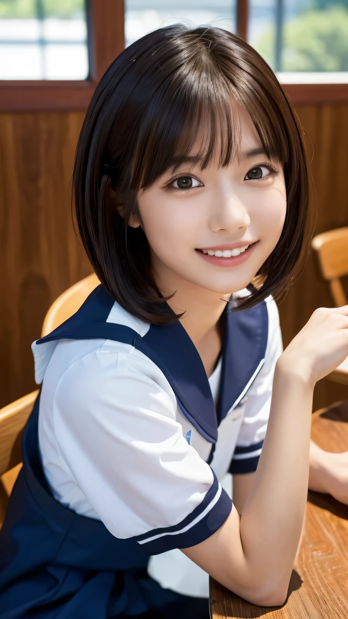 ((masterpiece, Highest quality, High resolution)), Of Japanese、(Realistic: 1.4), smile、Great face、Glossy lips、, short hair、(Beautiful Hair:1.5), Japanese high school uniform、Japanese Sailor Suit、At the cafe、In front of the table、Facing forward、Sitting on a chair、Hold the glass in one hand、(Realistic:1.4)、I'm drinking iced coffee with a straw.、Staring、Angle from the front, Smooth, Highly detailed CG composite 8K wallpaper, High resolution RAW color photos, Professional photography, Light, BackLight, impressive, Written boundary depth, (Face close-up:1.4)Winner of numerous awards,