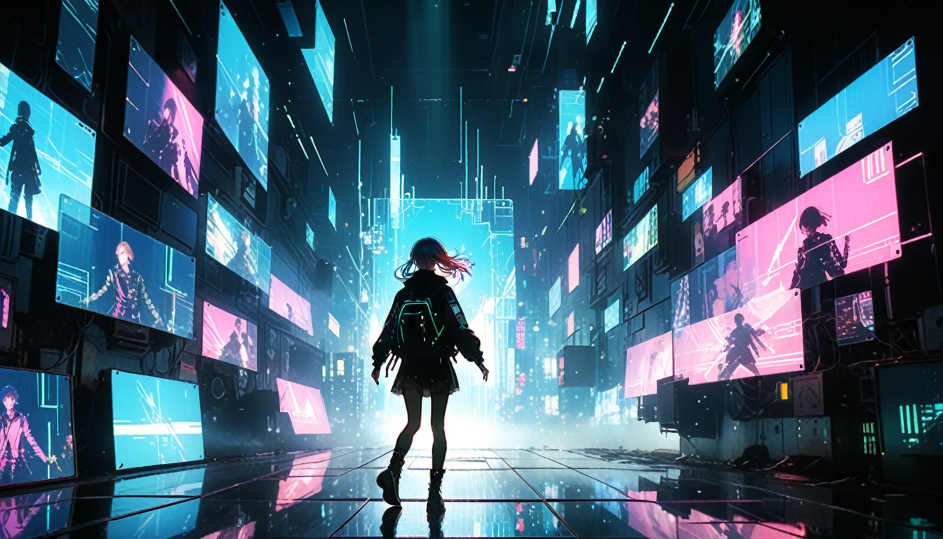 cyber punk,Female punk singer, lofi ,Run,run and jump,走ってjump,Uplifting,jump,Harry Clarke style,(Ashley Wood Style:1.4), (Double exposure:1.4),Thrilling footage released,cyber punk ヴェイパーウェイヴ,Holographic Projection,(Pause,Dynamic Action:1.8)